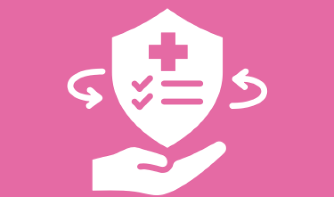 A pink banner with a white graphic on it. The white graphic is a white bade, with a first aid sign and a hand underneath supporting it