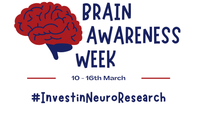 Picture of a red brain outline with blue writing underneath saying Invest in Neuro Research