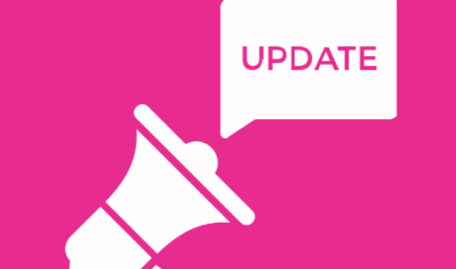 Pink backround with a white megaphone announcing update