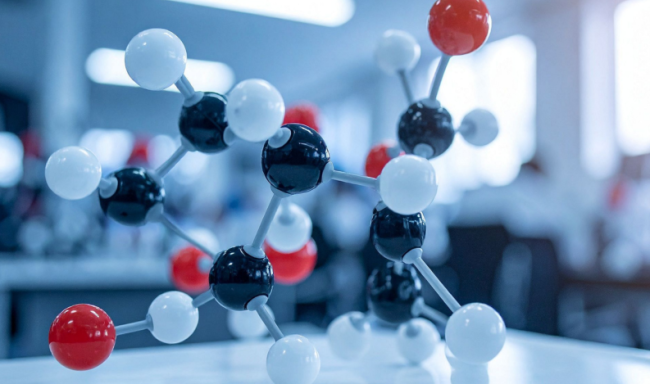 A picture of a DNA structure prominent in the foreground. The background is a blurred lab.