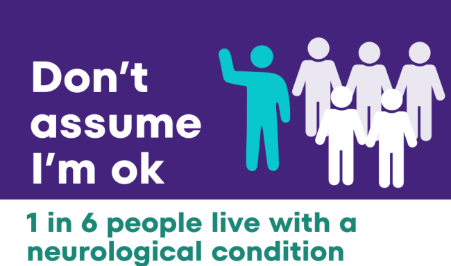 Purple banner with words in white saying Don't assume I am ok and 1 in 6 people live with a neurological condition