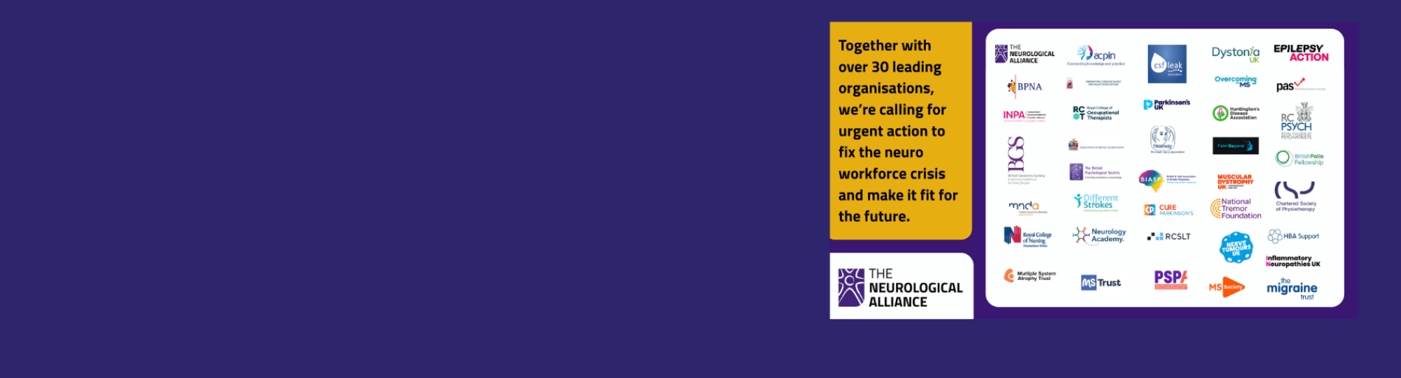 Image with mutiple logos of the organisations involved alongside the text Together with over 30 leading organisations we're calling for urgent action to fix the neuro workforce crises and make it fit for the future