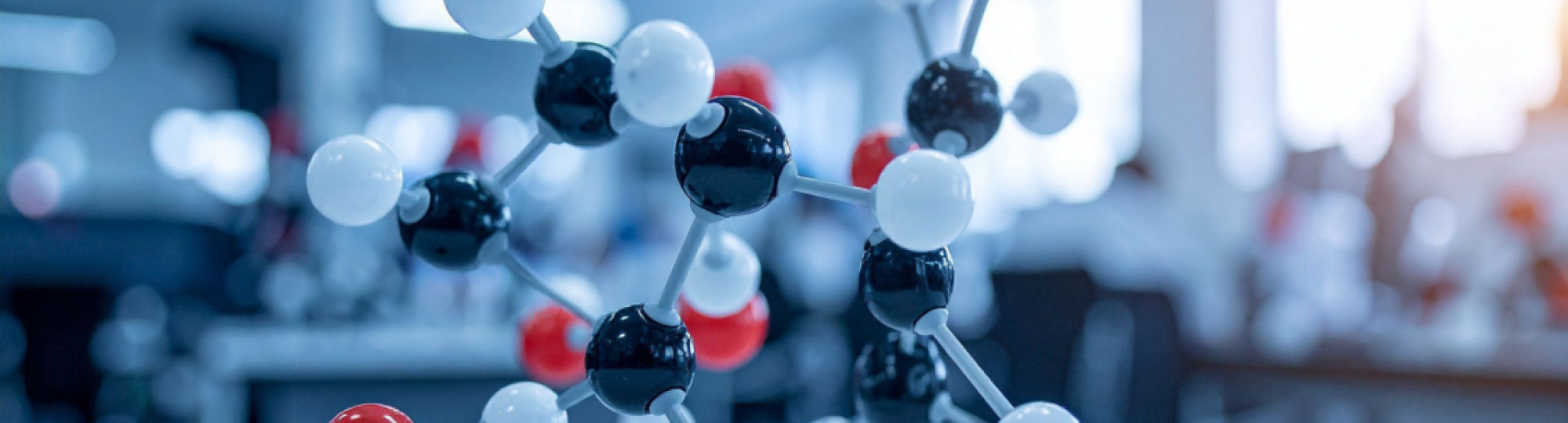 A picture of a DNA structure prominent in the foreground. The background is a blurred lab.