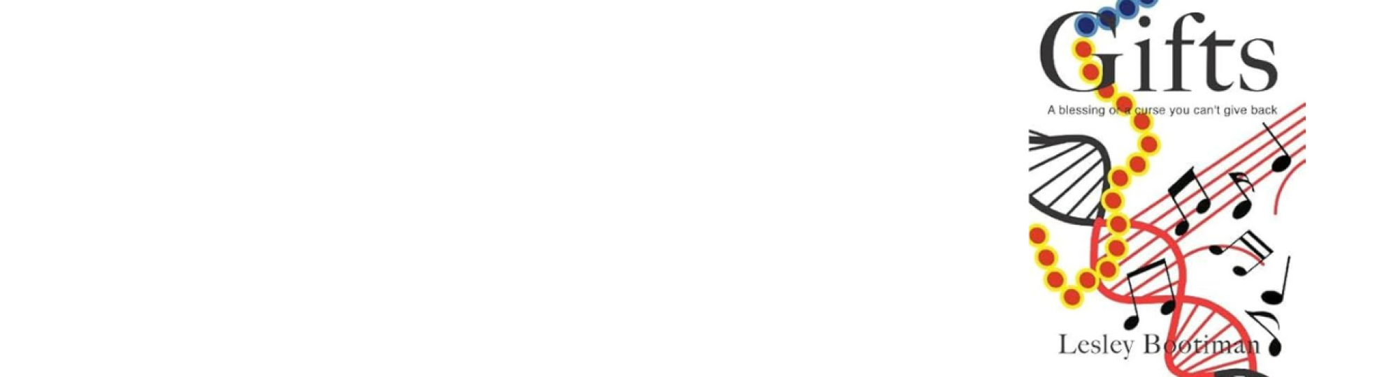 White banner with an image of a book called Gifts by Lesley Bootiman