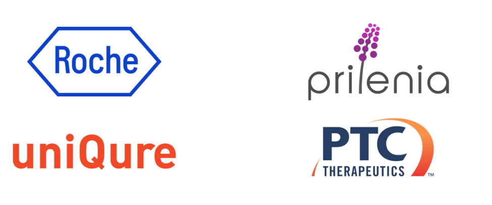 Logos of these companies: Roche uniQure prilenia PTC Therapeutics